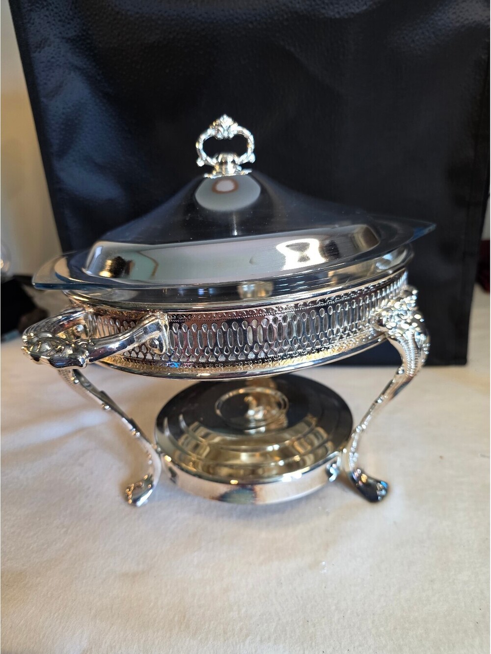 Vintage Silver Plate Chafing Dish Glass Insert Domed Lid Footed Server